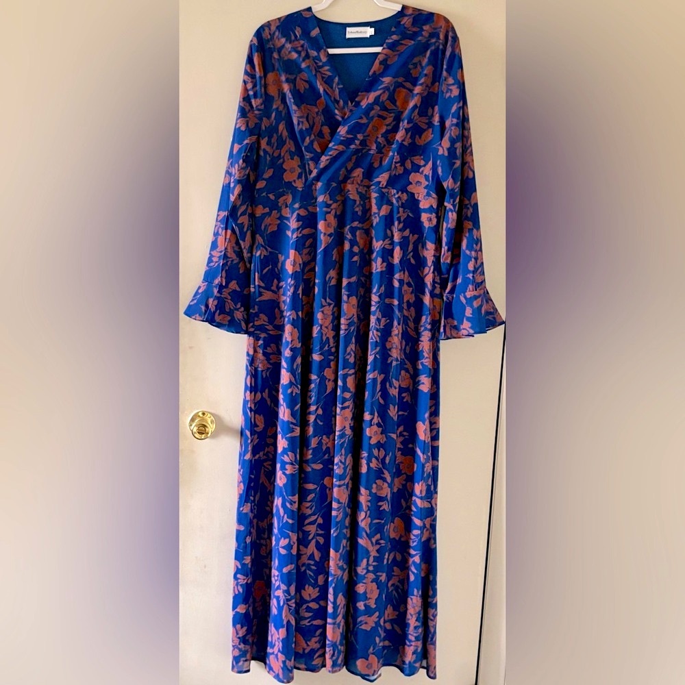 NWOT URBAN MODESTY Navy Salmon Floral cross cross ruffle modest maxi dress XXL